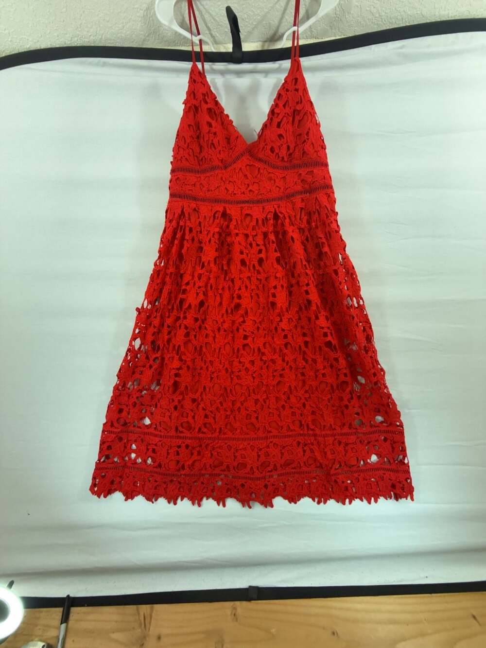 Boohoo Lace Dress Size US 14 Red Crochet Mini Sleeveless
